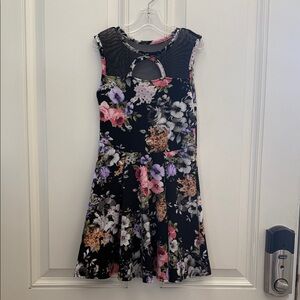 Girls' Black Floral A-Line Dress with Mesh Yoke